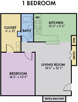 Floor plan for 1 bed, 1 bath, 752 sqft